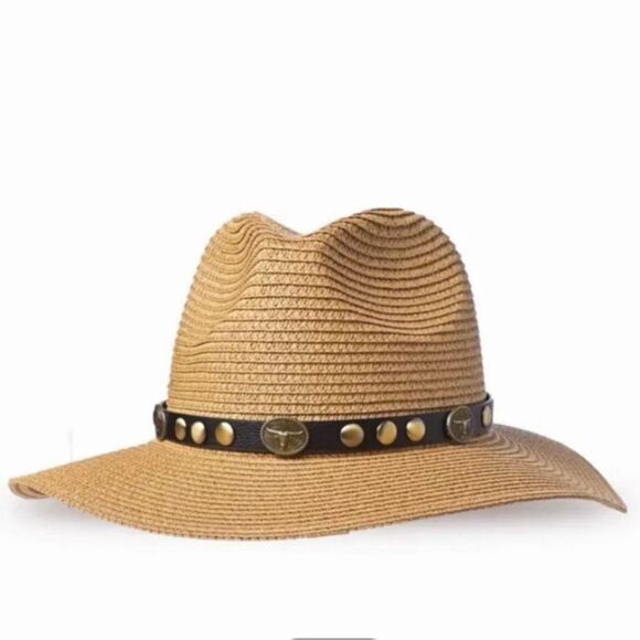 WOVEN STRAW COWGIRL HAT LEATHER BAND BRASS TRIM NATURAL COLOR - Picture 7 of 12